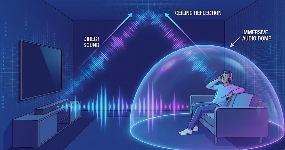 Dolby Atmosの天井反射による立体音響のイメージ図