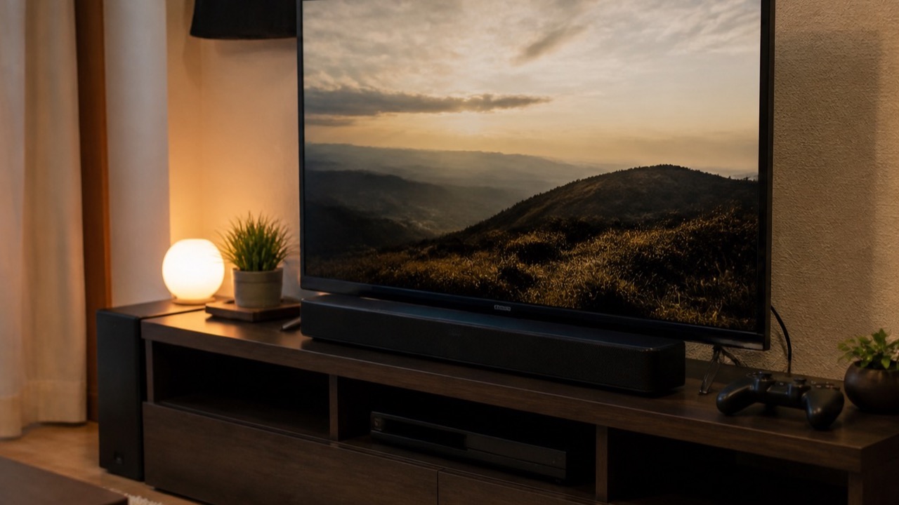 テレビ台でSonos Beam Gen2の横幅と設置スペースを確認している様子