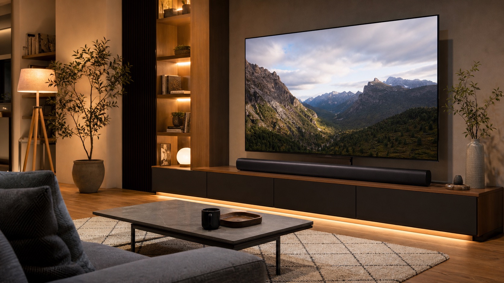 大型テレビ下にSonos Arc Ultraクラスの長いサウンドバーを置いた様子