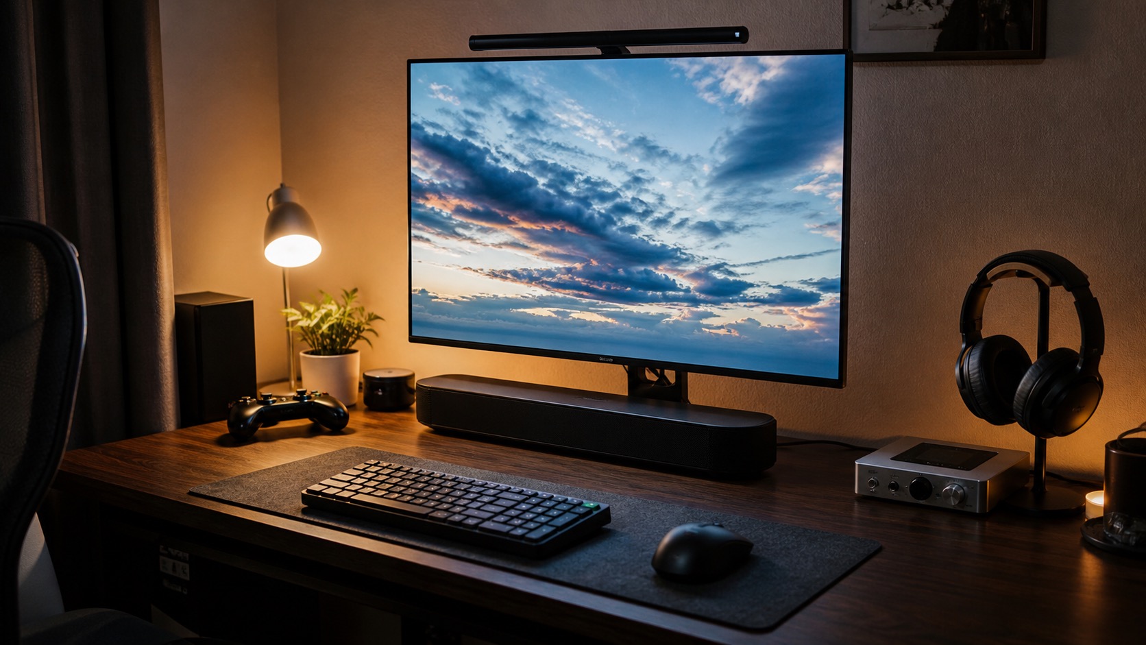 PCデスクのモニター下にSonos Rayを設置している様子