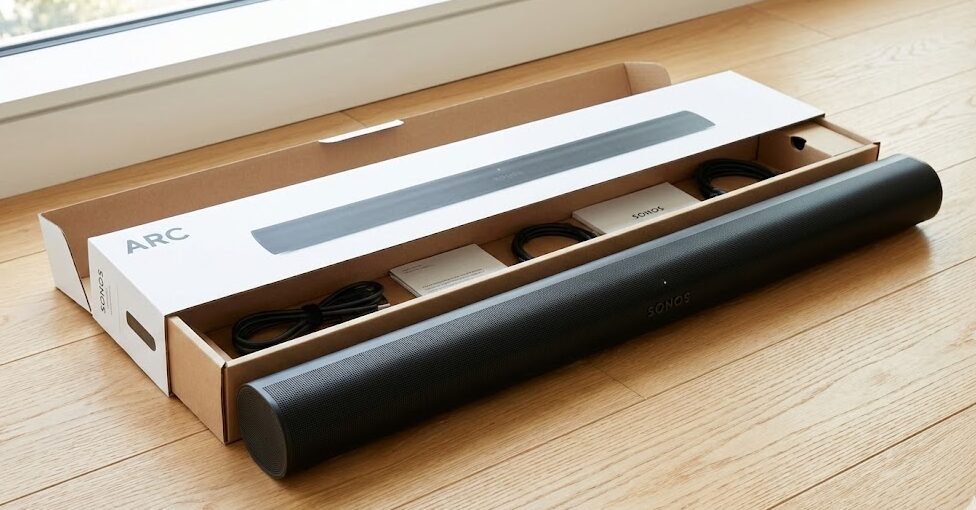 Sonos Arc本体と付属品を開封している様子