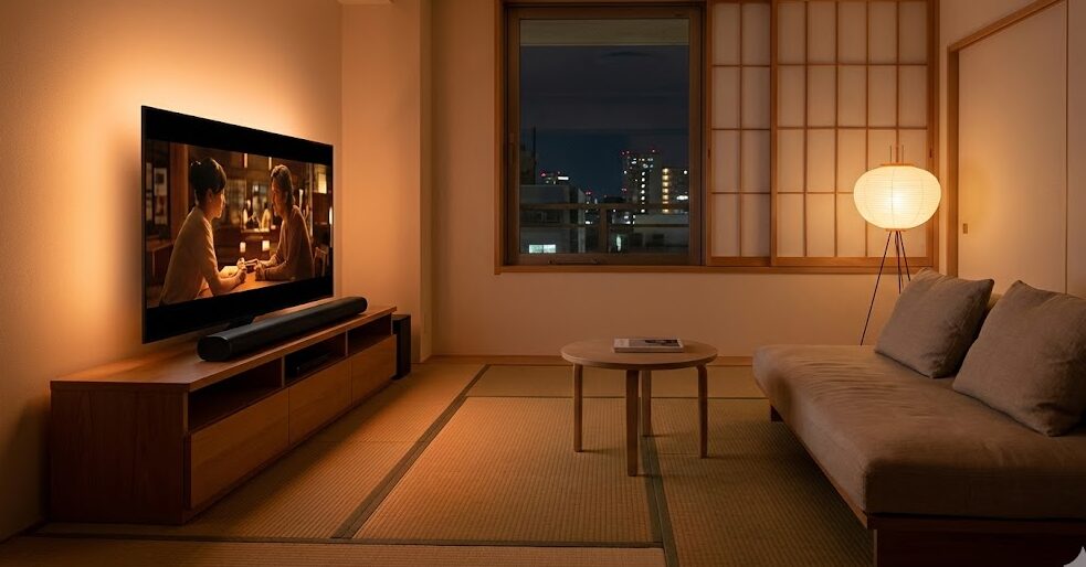 6畳の部屋でテレビ下にSonos Arcを置いた様子