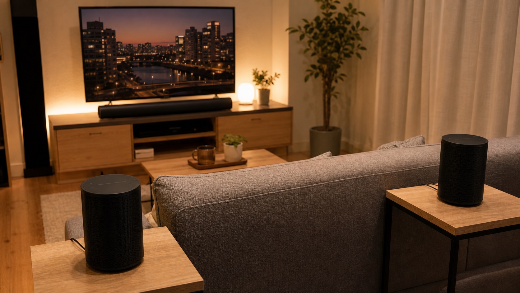 リビングでSonos Era 100をリアスピーカーとして使う様子