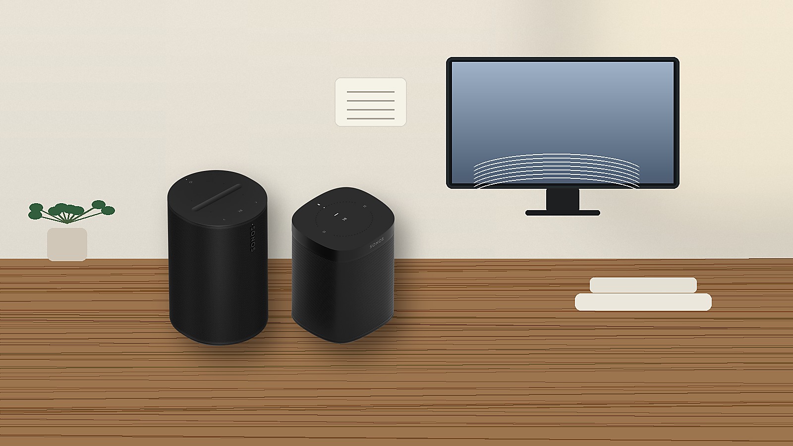 Sonos Era 100とSonos Oneクラスのスピーカーをデスクで比べた様子