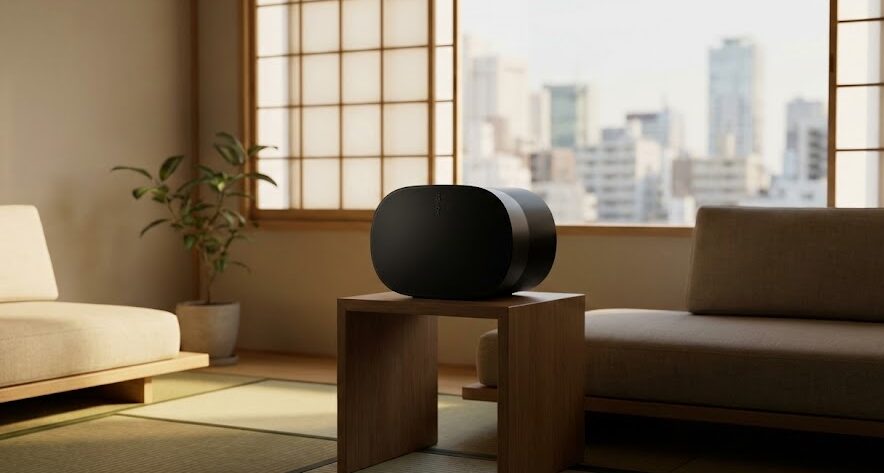 Sonos Era 300の周囲に余白を取って置き場所を確認する様子