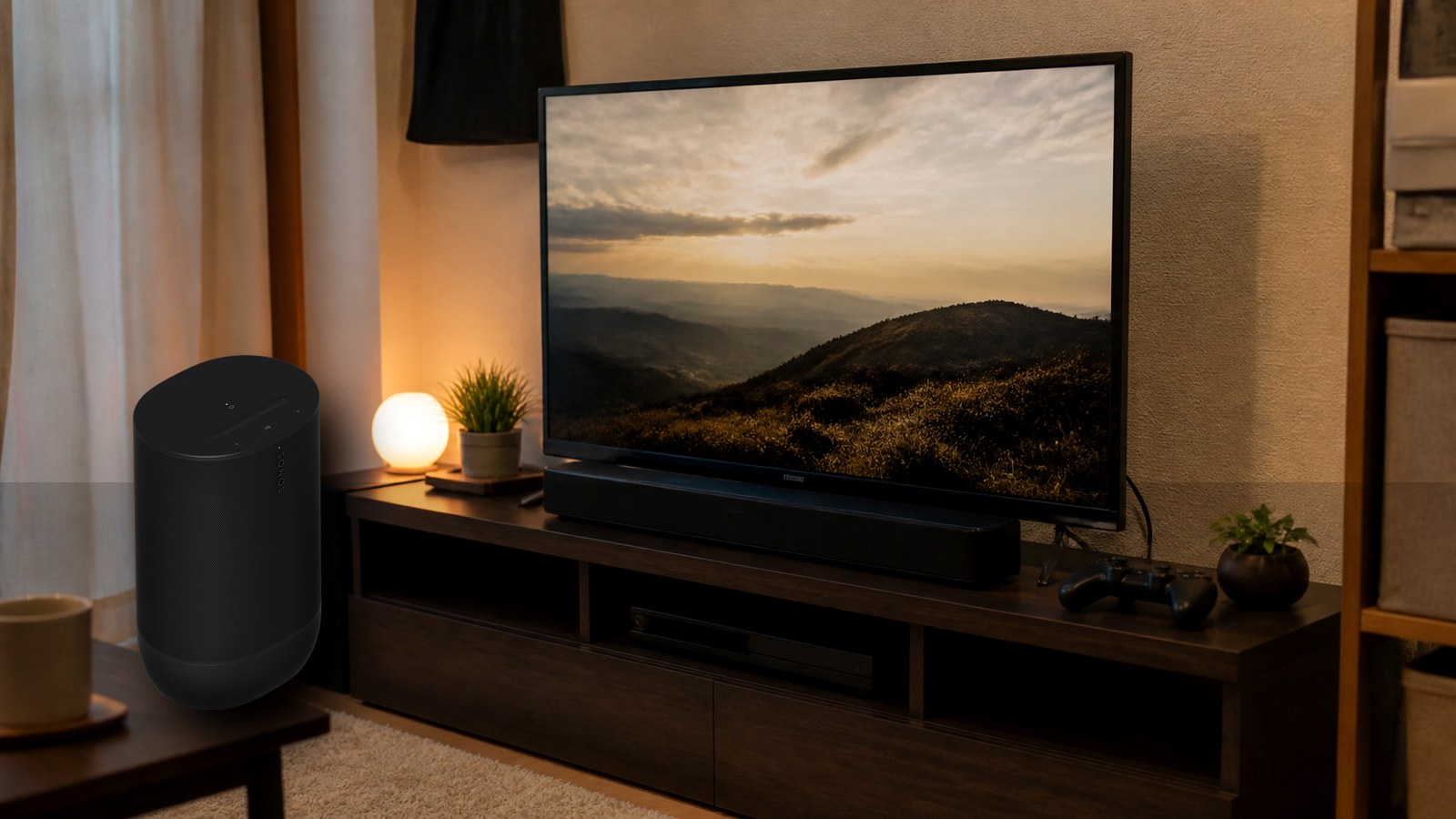 リビング横のテーブルにSonos Move 2を置いて音楽を流す様子