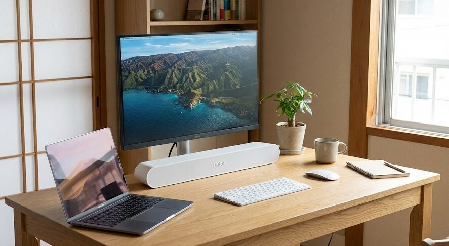 ゲーミングデスクのモニター下にSonos Rayを置いた音響環境
