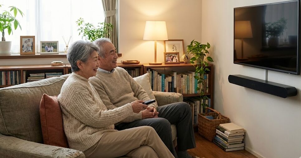 実家のリビングでSonos Rayをテレビ下に壁掛けした様子
