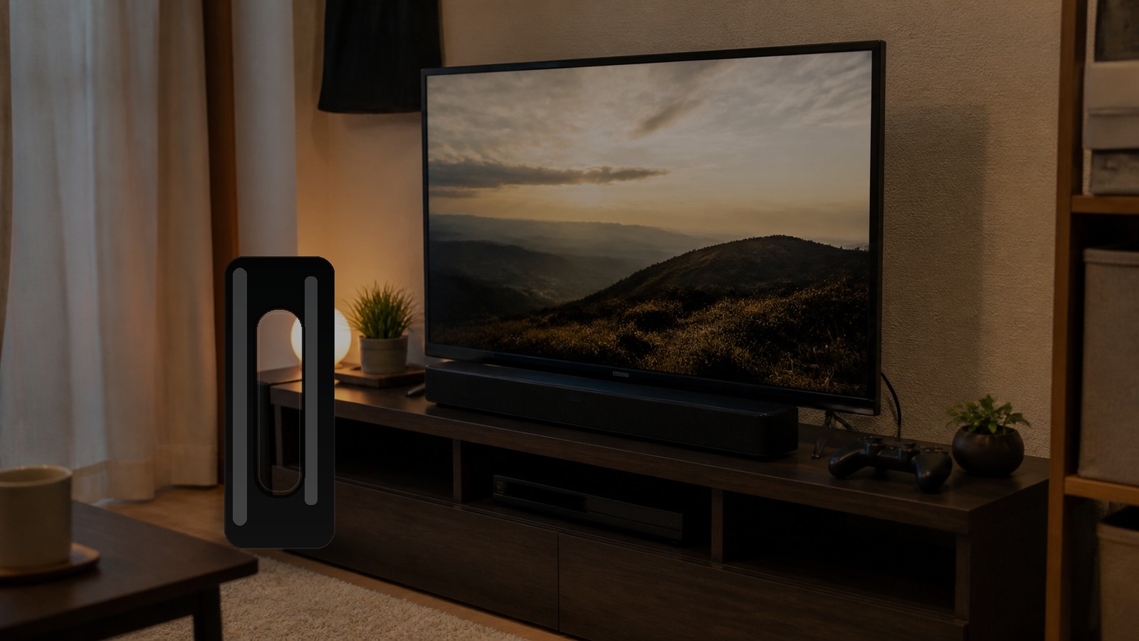 Sonos Sub Gen3をテレビ台横の床に置いて壁との距離を確認している様子
