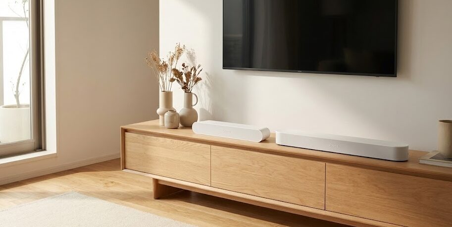 テレビ台でSonos Arc UltraとBeam Gen2の横幅を比べる様子