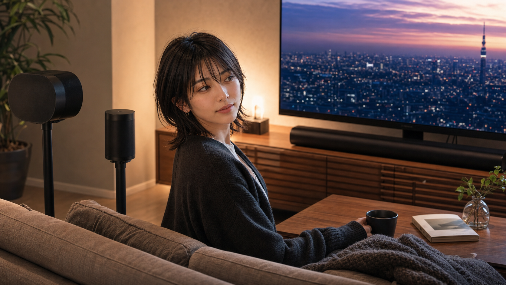 りさがArc UltraとEra 300リアスピーカー構成を確認しているリビング
