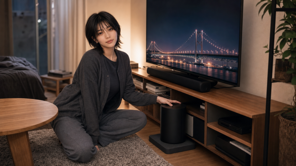 りさがBeam Gen2とSub Miniの置き場所を確認している一人暮らしの部屋