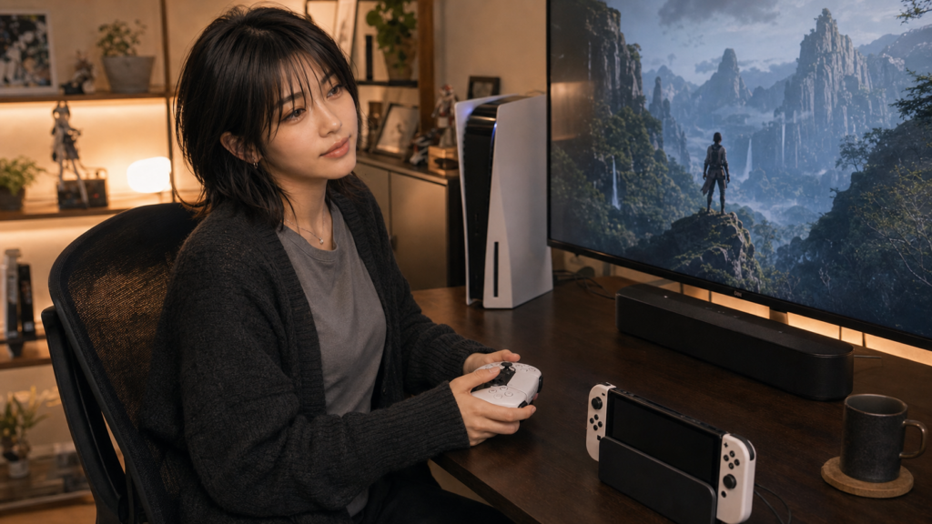 PS5とSwitch 2を遊ぶデスクでりさがSonosサウンドバーを使う様子