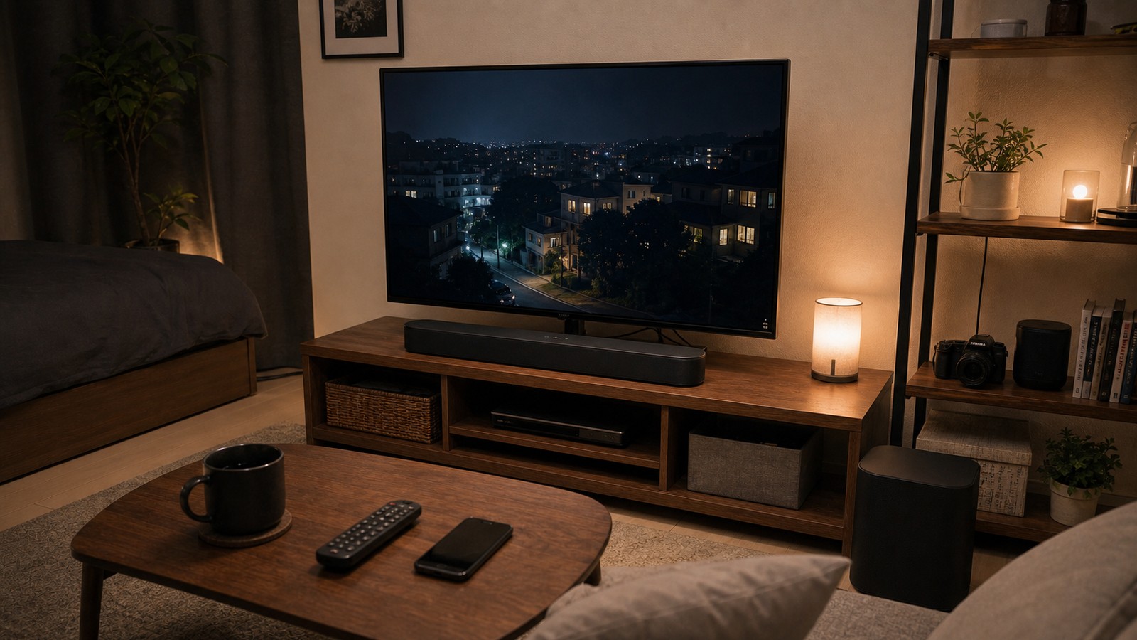 6畳のテレビ台にSonos Beam Gen2クラスのサウンドバーを置いた様子