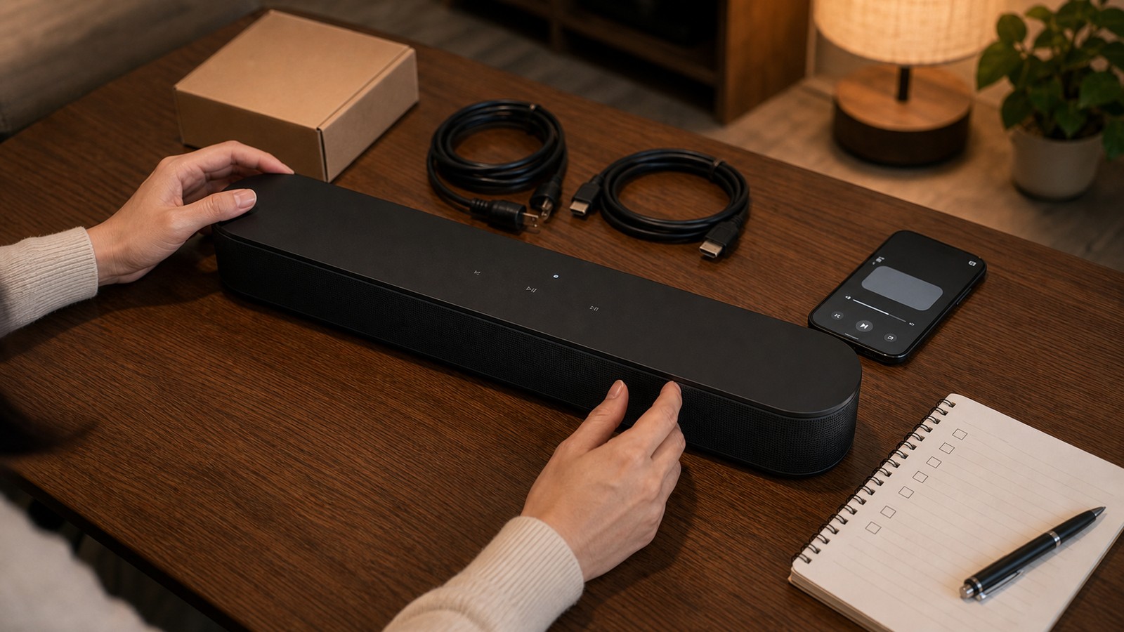 中古のSonosサウンドバーを手元で確認している様子