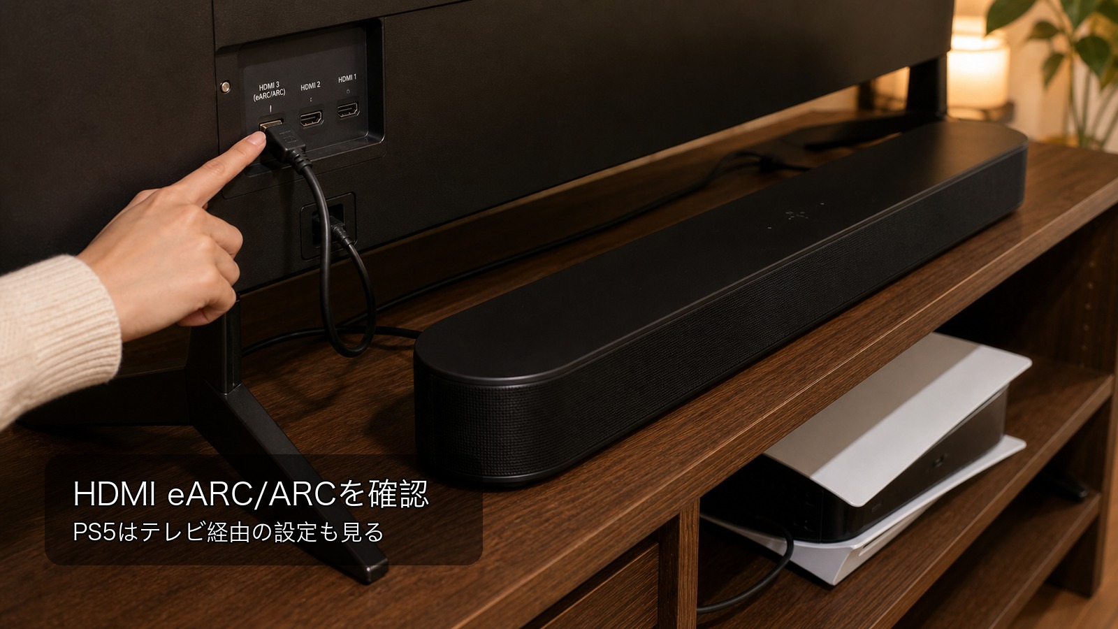 SonosでDolby AtmosにならないときにHDMI eARC端子とPS5接続を確認している様子