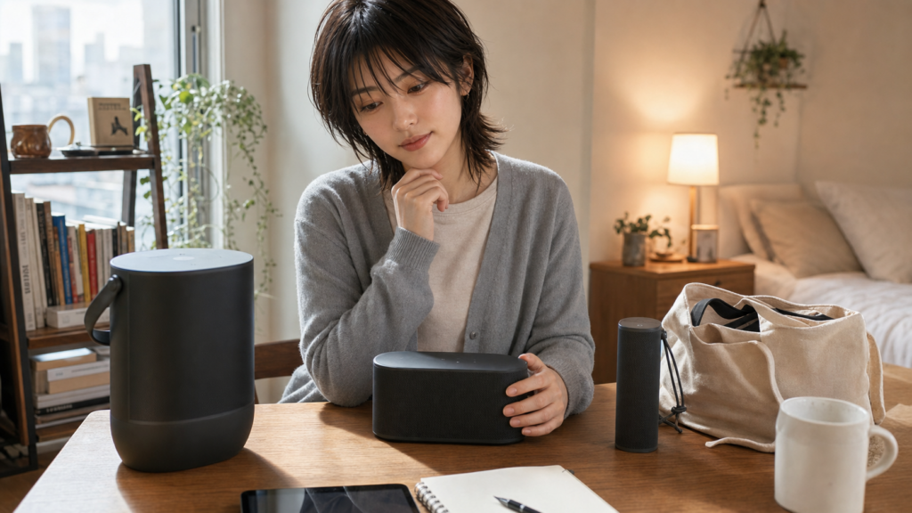 りさがSonos PlayとRoam 2とMove 2をデスクで比較している様子