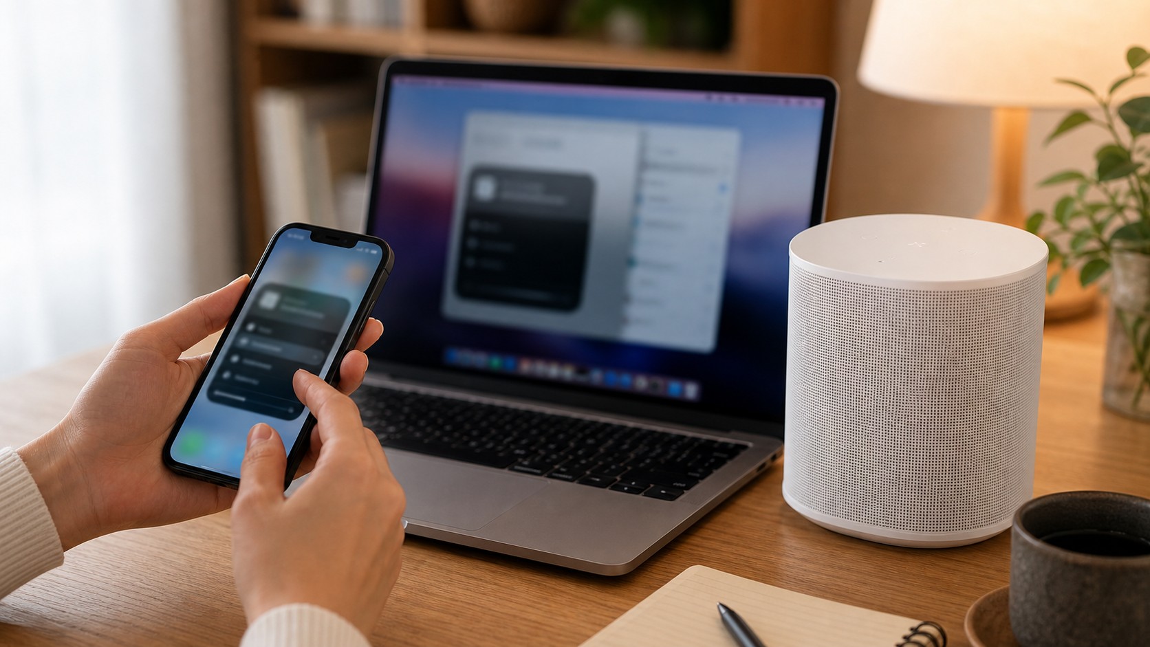 iPhoneとMacでSonosのAirPlay出力先を確認しているデスクの様子