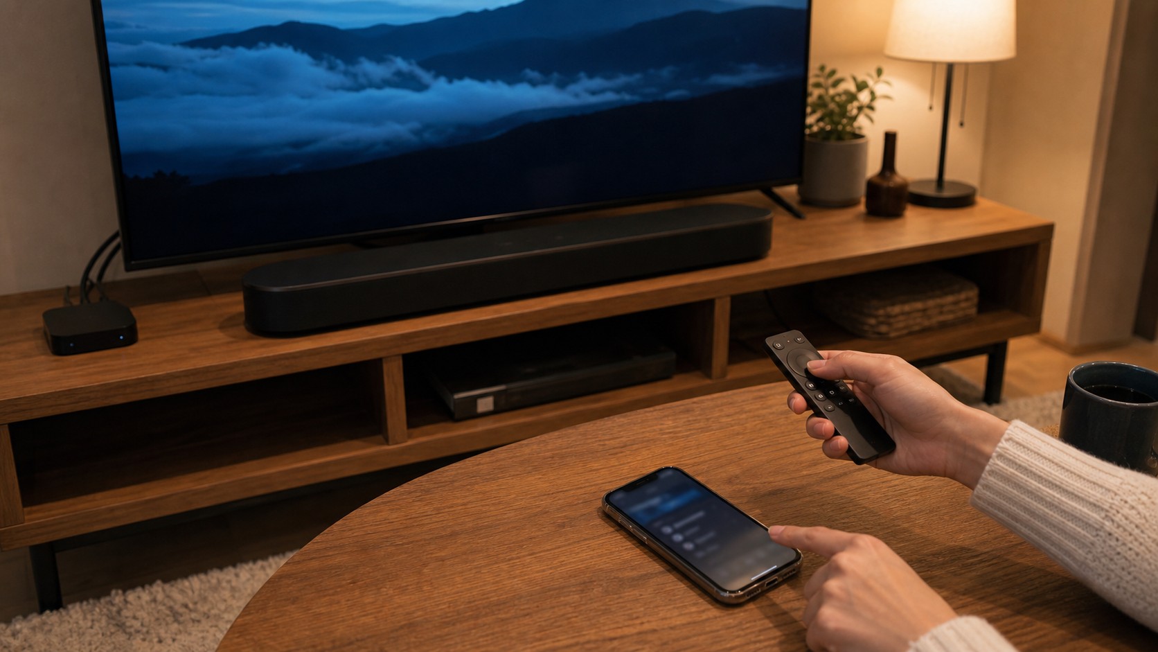 Apple TVのリモコンとiPhoneでSonosサウンドバーのAirPlay音声を確認している様子