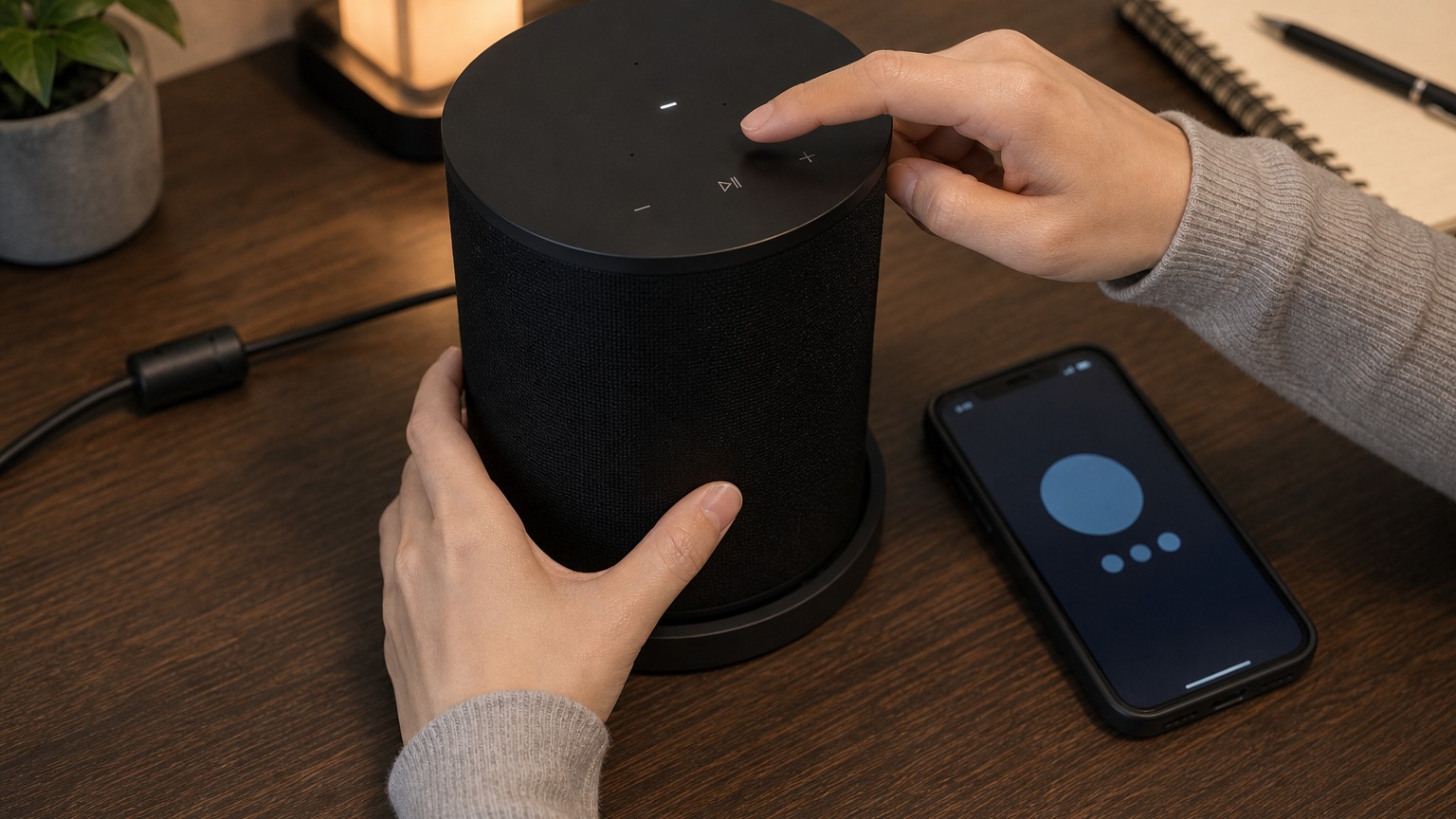 Sonos本体のボタンとステータスライトを確認しながら初期設定する様子