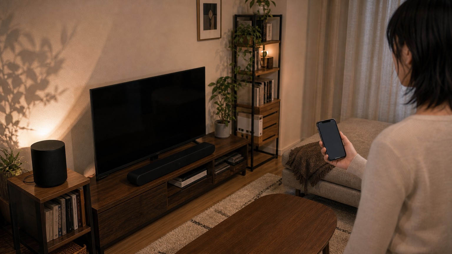 6畳の部屋でSonosスピーカーとサウンドバーの配置を確認する様子