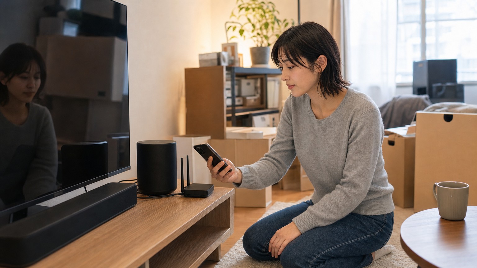 引っ越し後の部屋でSonosとWi-Fiルーターを近づけて再接続する様子