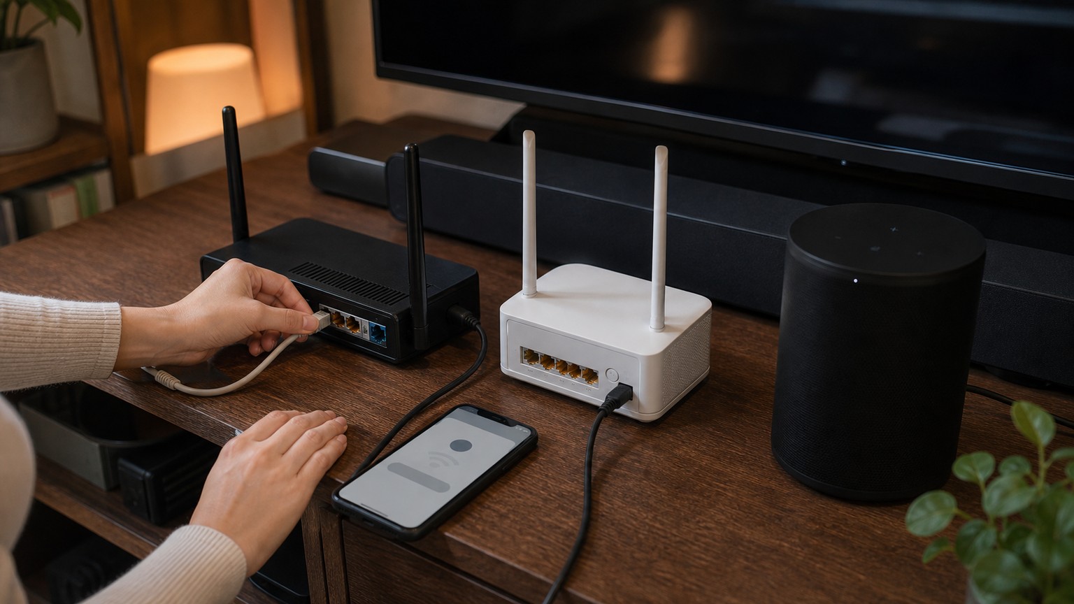新旧ルーターとSonosスピーカーを並べてWi-Fi再設定を確認する様子